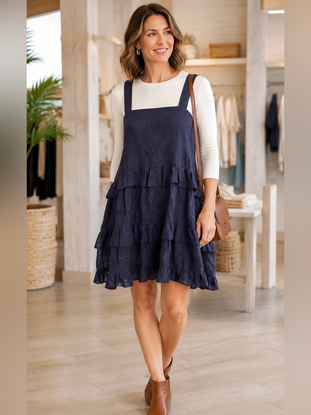LJC Designs Navy Linen Ruffle Jumper Dress Sz S